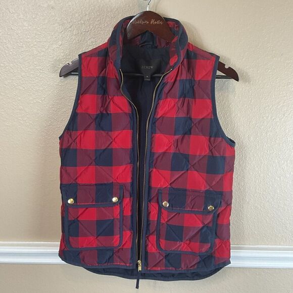 J Crew Navy Red Plaid Quilted Down Puffer Vest Sz XS Womens Zip Front Pockets U - Picture 3 of 12